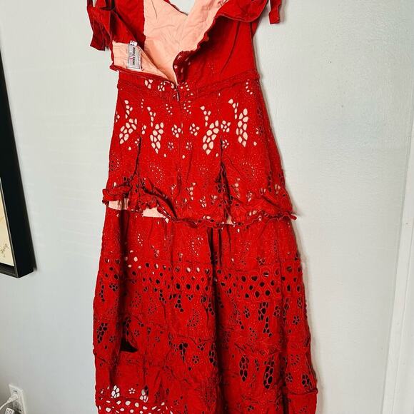 THREE FLOOR Damsel Sweetheart Burnt Orange Overlay Tie Shoulder Eyelet Dress 6 - Picture 12 of 13
